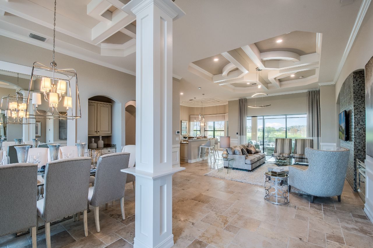 Open concept home remodel with elegant dining area, tray ceiling, and modern living room design.